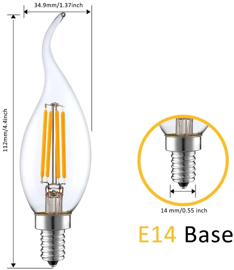 Candelabra Bulb Flame Tip 40W Equivalent Dimmable E12 Filament Candle Bulbs 4W 450 Lumens 2700K Warm White Ca10 LED Chandelier