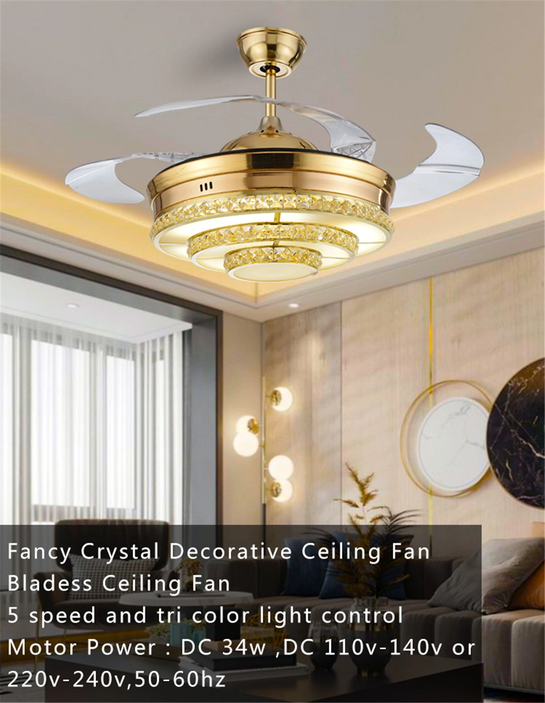 Fancy Chandeliers 42 Inch Clear Acrylic Hidden Blades Crystal Ceiling Fan with Light and Remote